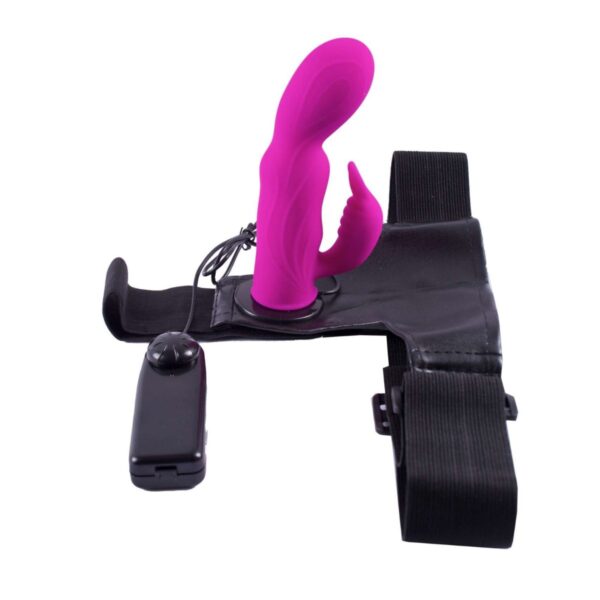 HARNESS REFORZADO AJUSTABLE CON DILDO DE SILICON FLEXIBLE TEXTURIZADO CON VIBRADOR